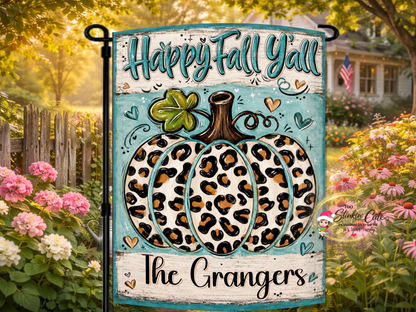 Personalized Happy Fall Y’all garden flag featuring a leopard-print pumpkin, turquoise accents, and custom family name.