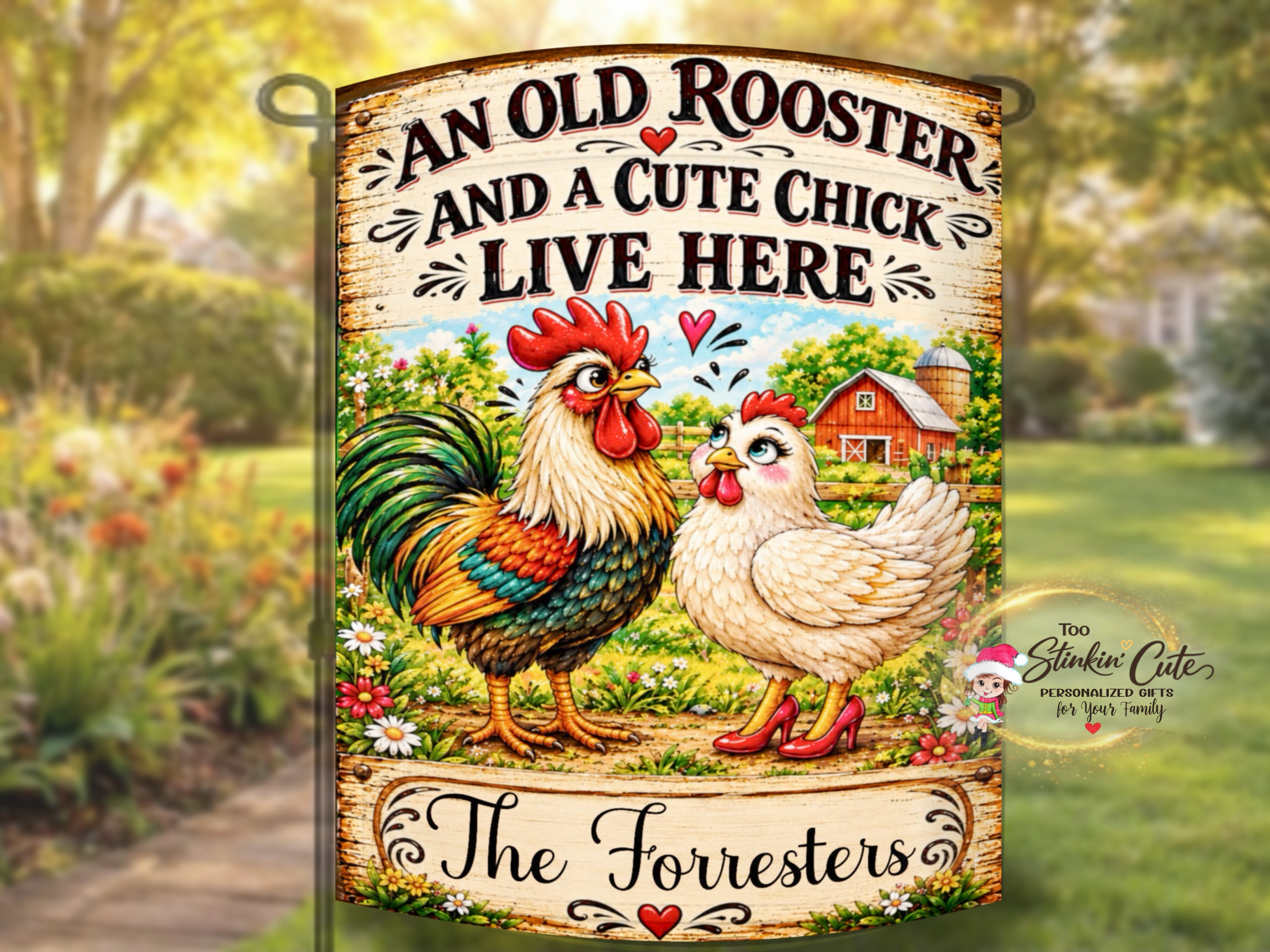 Colorful custom chicken couple yard flag for weddings, anniversaries, housewarmings, farms, and country homes.