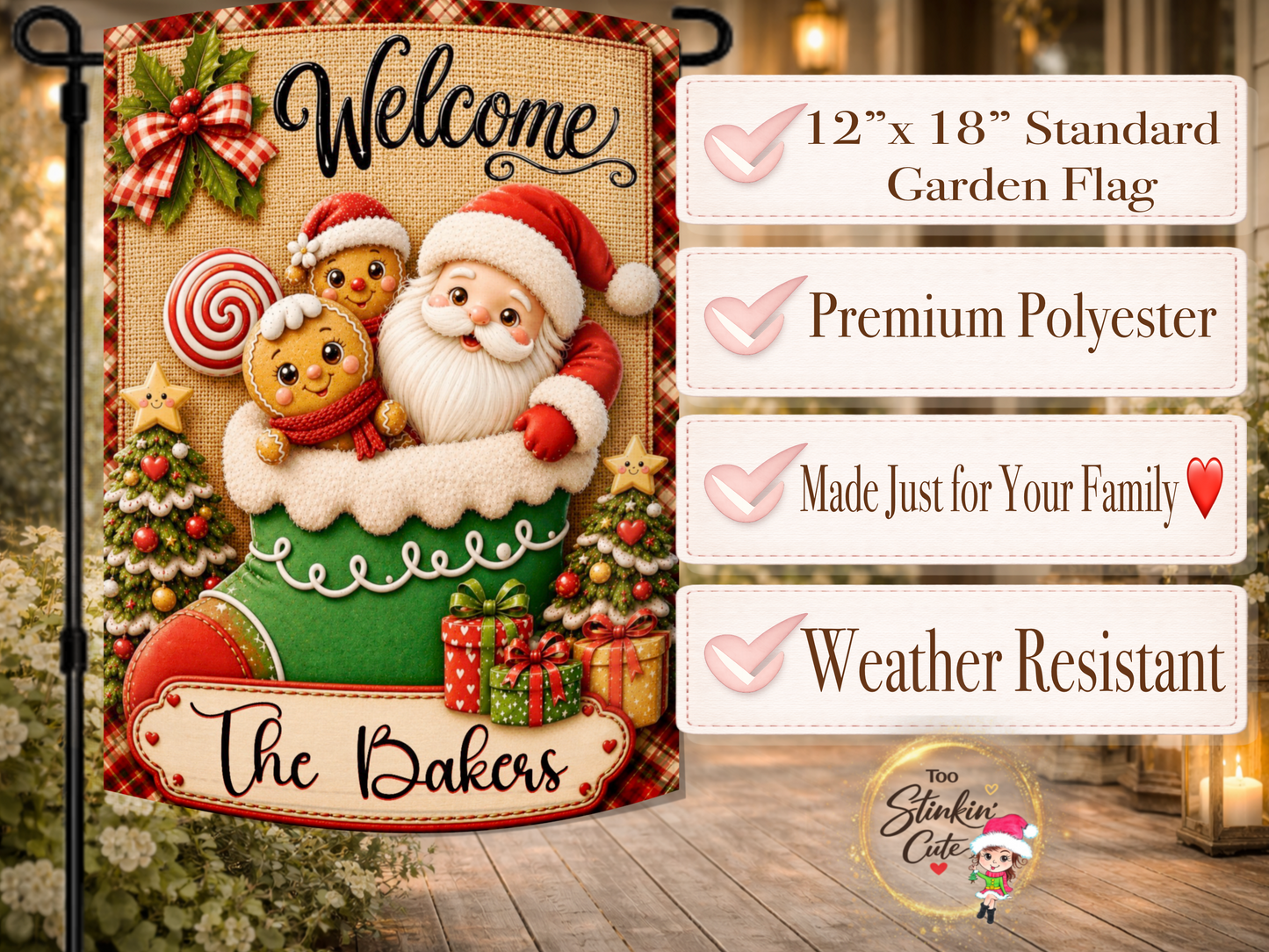 Personalized Christmas porch flag featuring Santa, candy, gingerbread characters, and family name.
