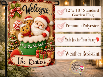 Personalized Christmas porch flag featuring Santa, candy, gingerbread characters, and family name.
