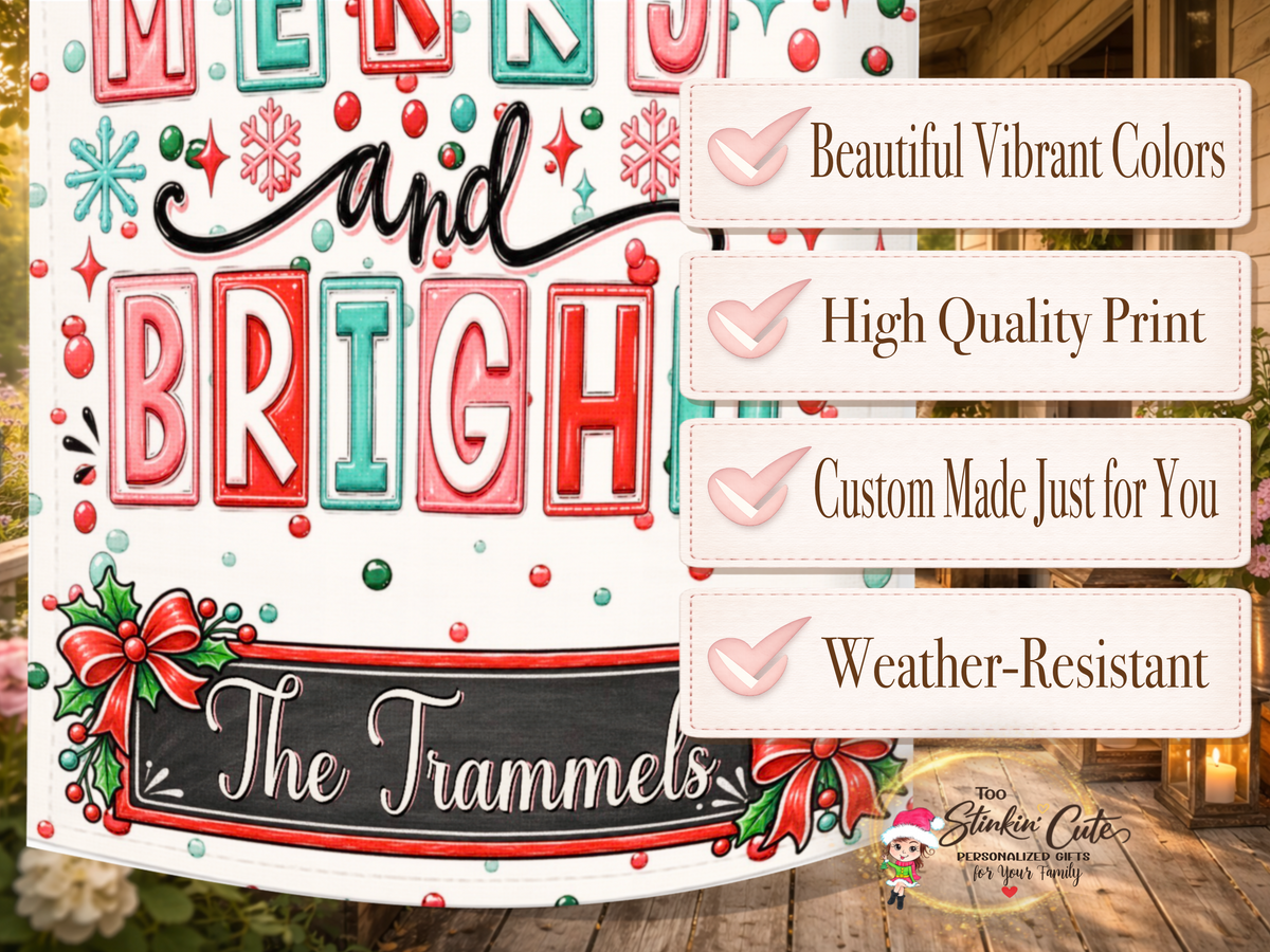 Colorful retro Christmas garden flag featuring snowflakes, confetti dots, sparkling stars, holly leaves, red bows, and personalized wording.