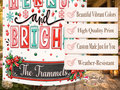 Colorful retro Christmas garden flag featuring snowflakes, confetti dots, sparkling stars, holly leaves, red bows, and personalized wording.