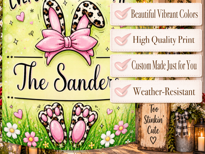 Colorful Easter garden flag featuring bold Every Bunny Welcome lettering on a green background with personalized wording.