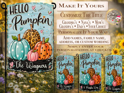 Custom family fall garden flag designed, printed, and pressed by Too Stinkin’ Cute.