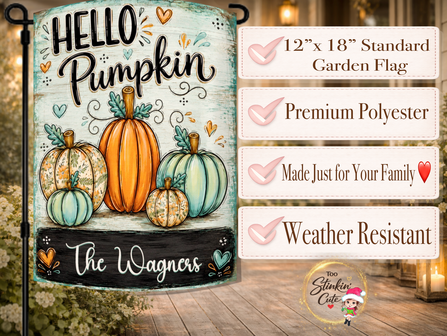 Hello Pumpkin outdoor yard flag personalized with a family name for autumn porch and garden decor.