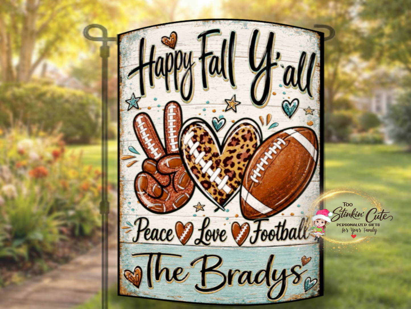 Personalized Happy Fall Y’all football garden flag featuring the Brady’s family name