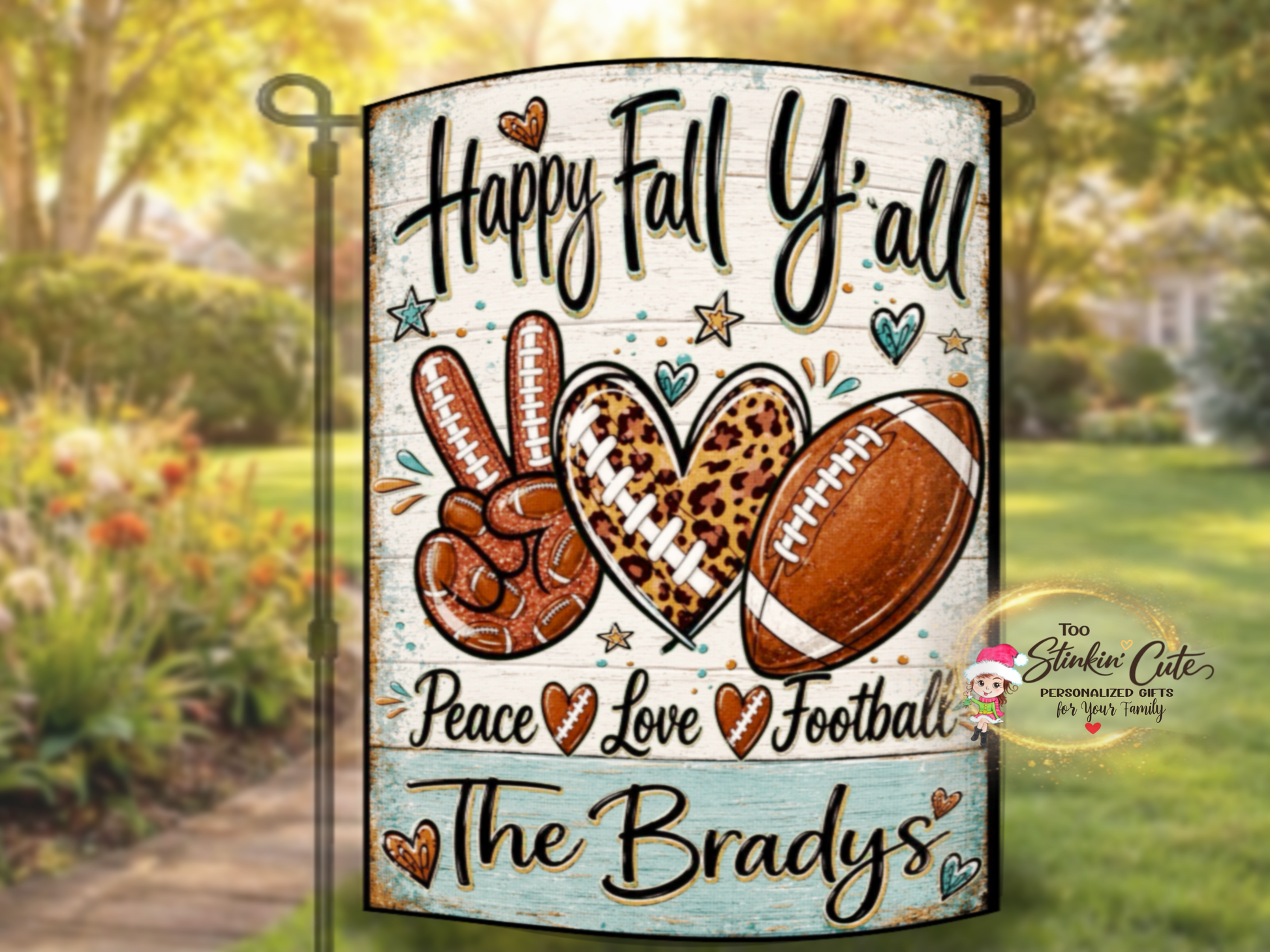 Personalized Happy Fall Y’all football garden flag featuring the Brady’s family name
