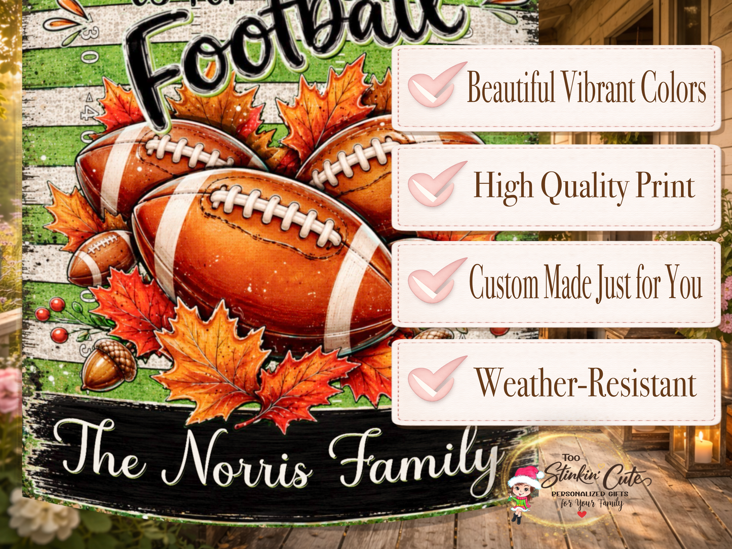 Personalized fall football garden flag with a green-and-white striped background