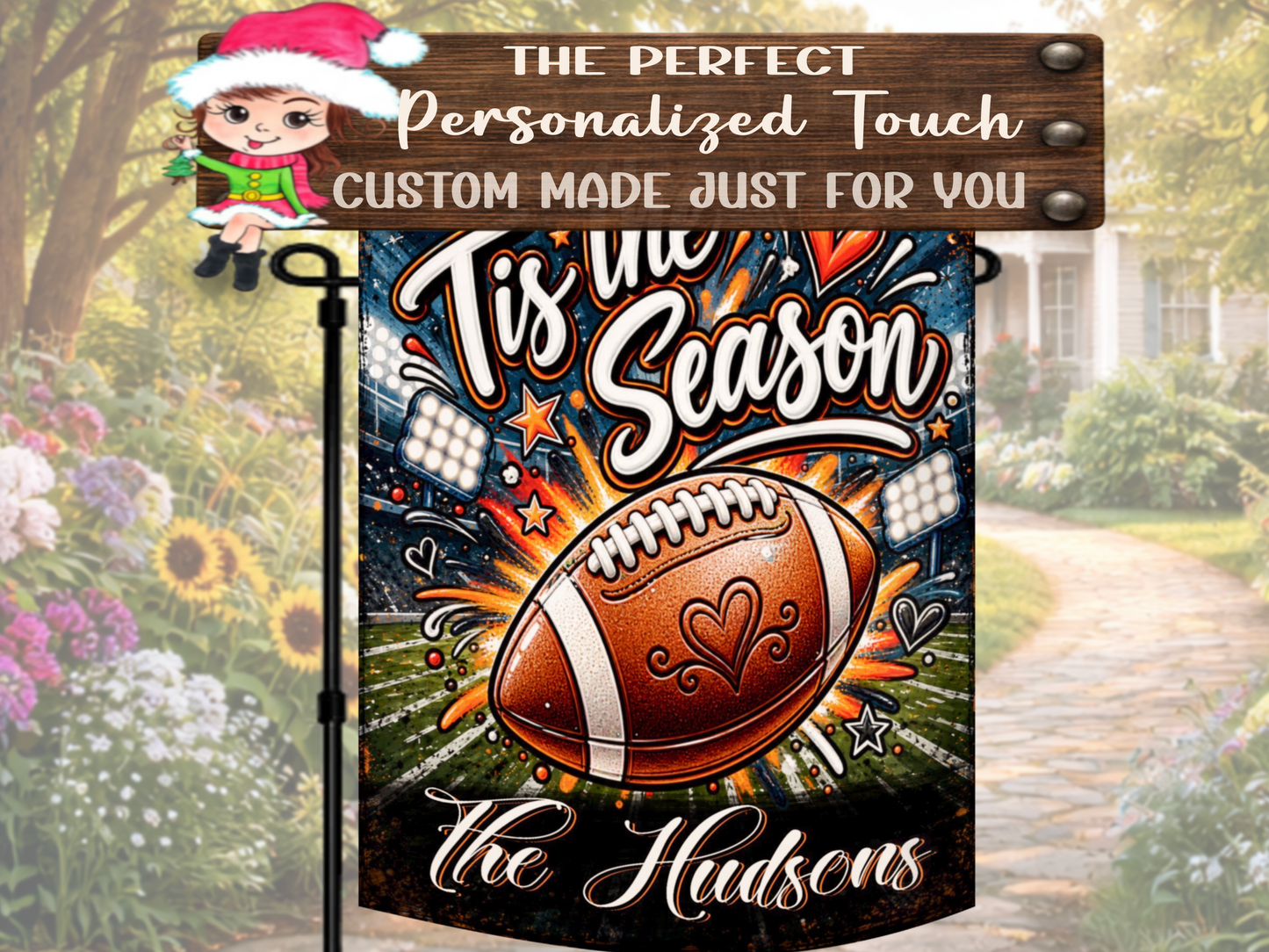 Custom football yard flag personalized for a sports-loving family