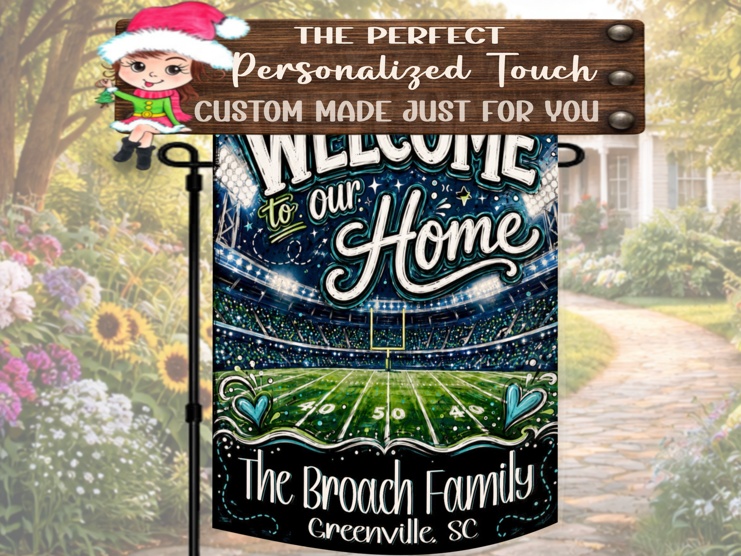 Personalized game-day welcome flag for a football-loving family