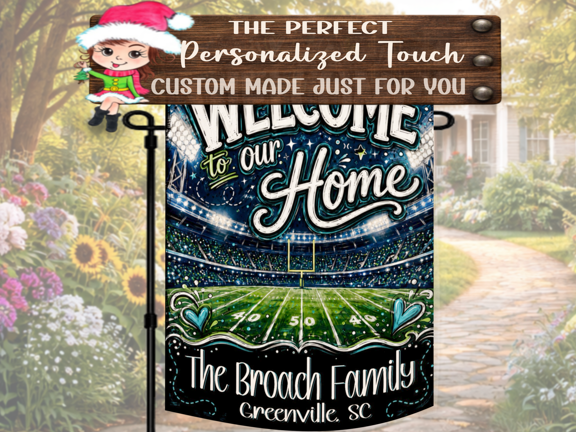 Personalized game-day welcome flag for a football-loving family