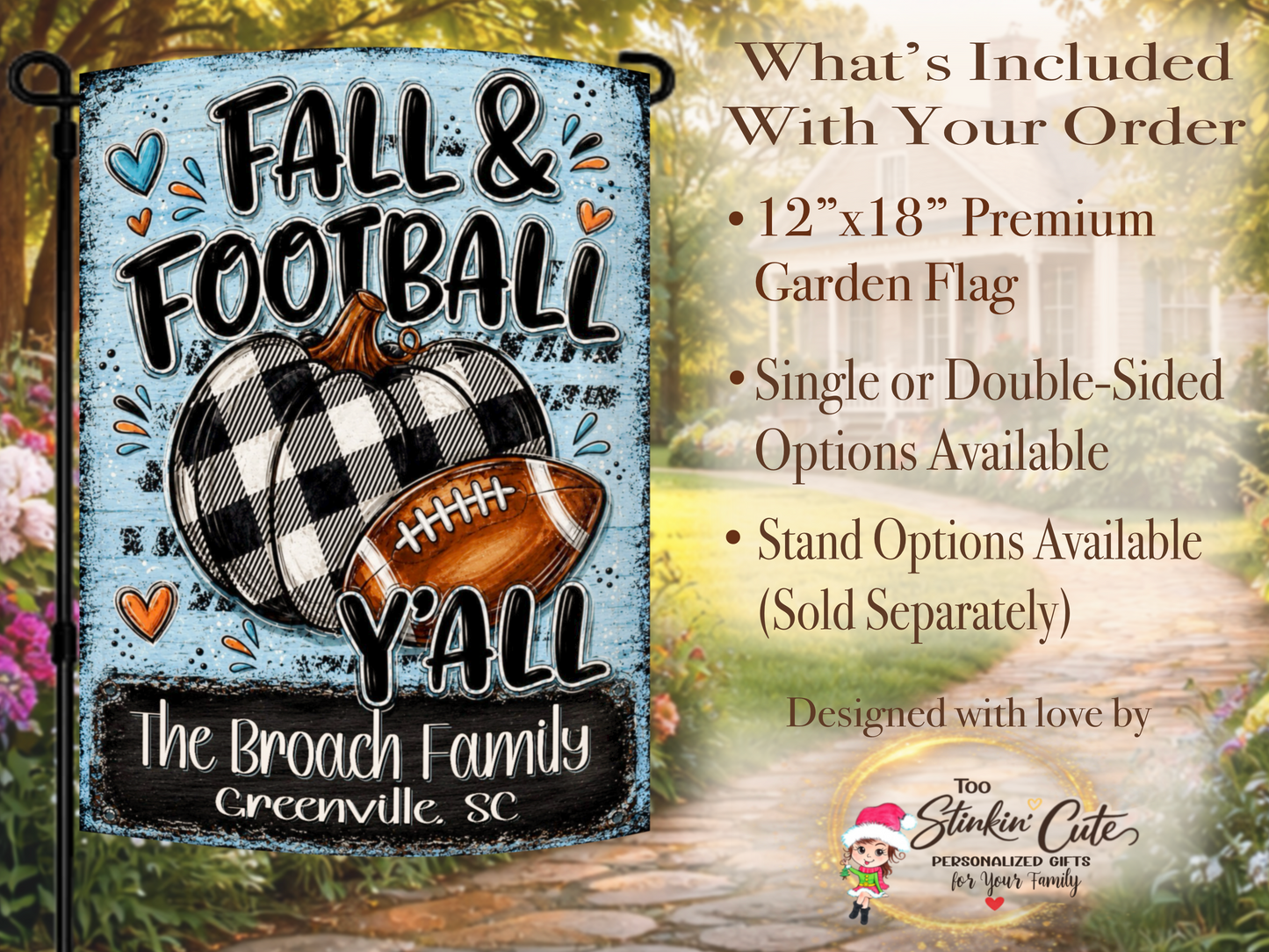 Boutique-style football porch flag featuring a distressed light-blue background