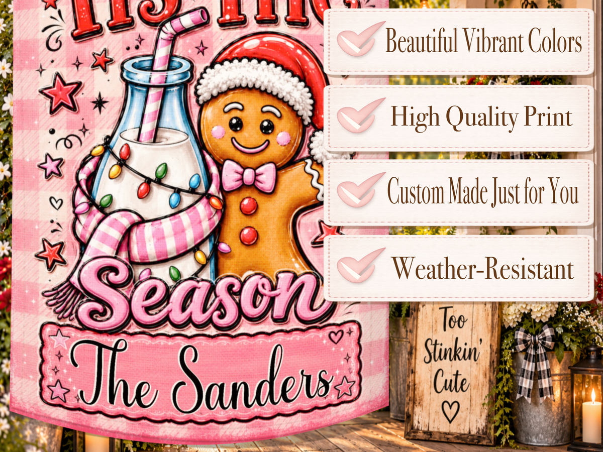 Custom family-name Christmas garden flag featuring a cute gingerbread cookie and bottle of milk on a pink plaid holiday background.