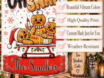 Custom family-name Christmas garden flag featuring three adorable gingerbread characters in a playful holiday emergency-room scene.