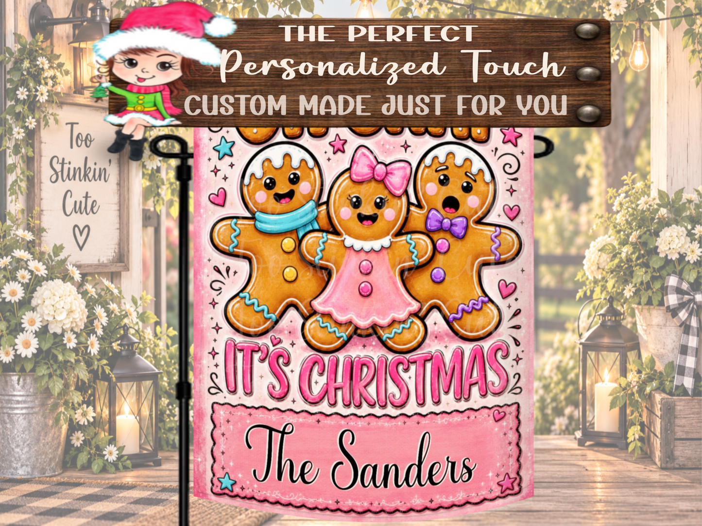 Funny Oh Snap Christmas garden flag for gingerbread lovers, bakers, families, holiday guests, and colorful outdoor Christmas decorating.