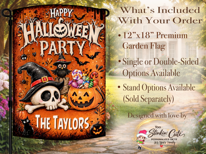 Cute spooky Halloween garden flag designed with a jack-o’-lantern candy bucket, skeleton, and flying bats.
