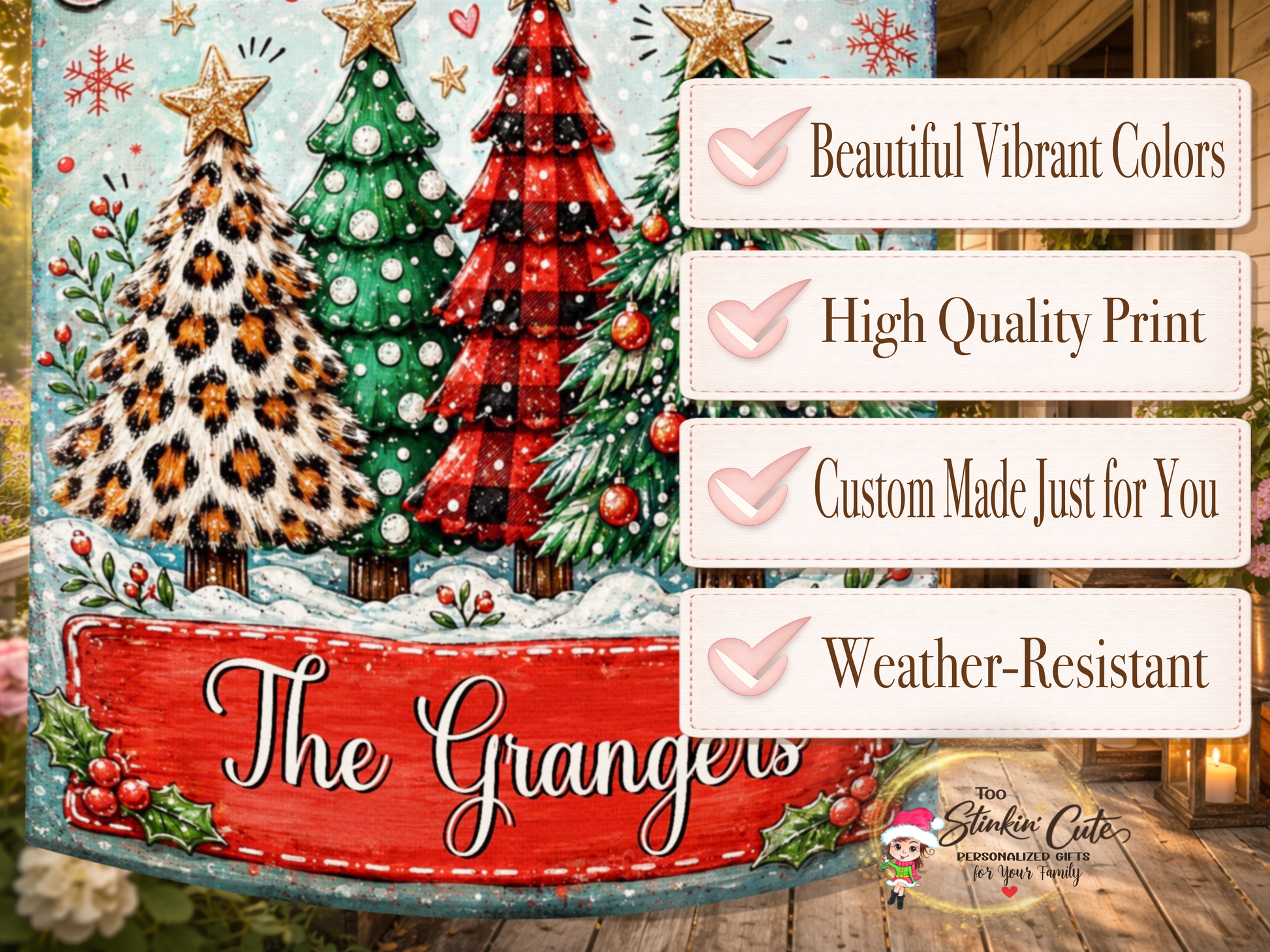 Buffalo plaid Christmas garden flag featuring red and black plaid, leopard print, polka-dot, and traditional ornament-covered Christmas trees.