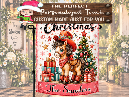 Country Christmas yard flag featuring a decorated tree, gift boxes, western accessories, and a personalized family or farm name.