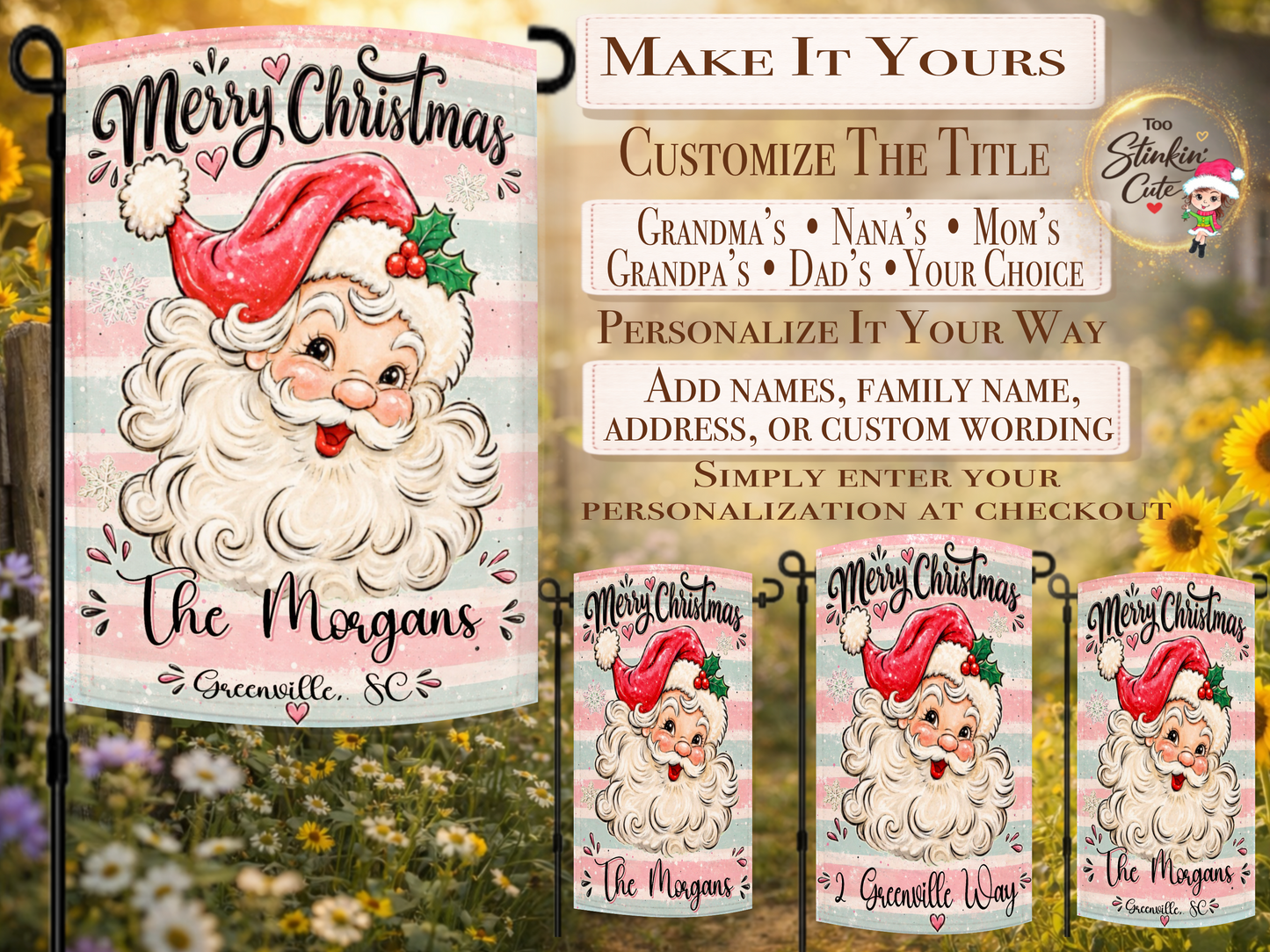 Custom family name Christmas flag with a cheerful vintage-style Santa