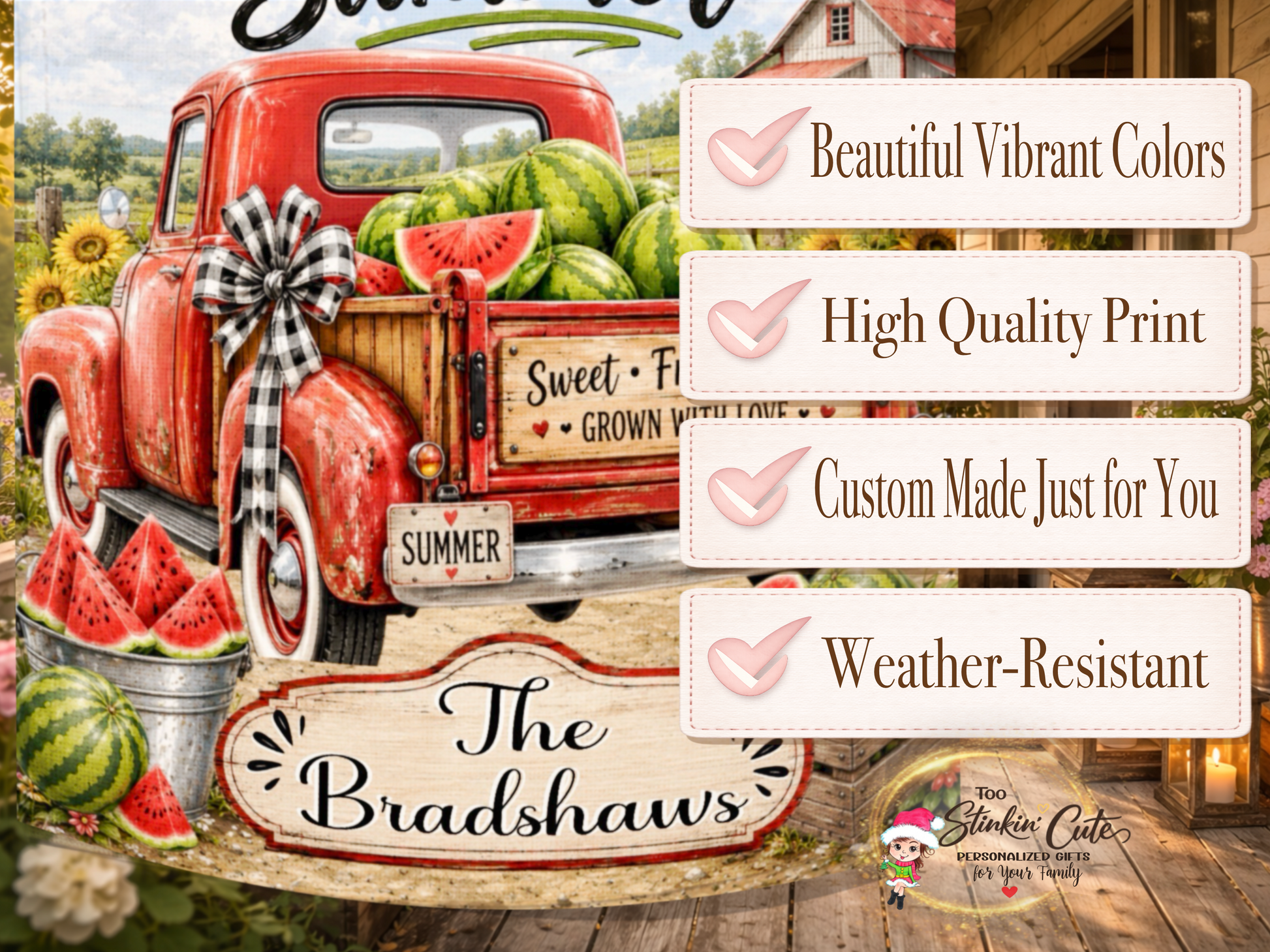 Vintage truck watermelon garden flag with custom family name