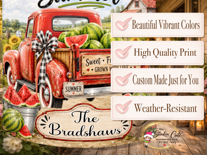 Vintage truck watermelon garden flag with custom family name