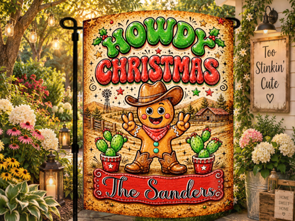 Personalized western holiday yard flag for ranches, farms, porches, patios, gardens, walkways, and country Christmas gifts.