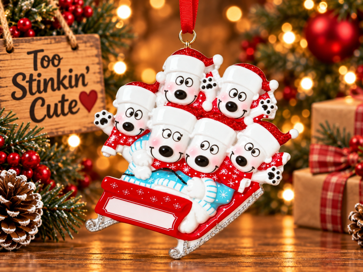 Personalized family of six polar bear Christmas ornament featuring six custom names on Santa hats.