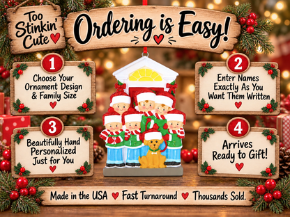 Personalized large-family ornament with six people gathered at a festive doorway