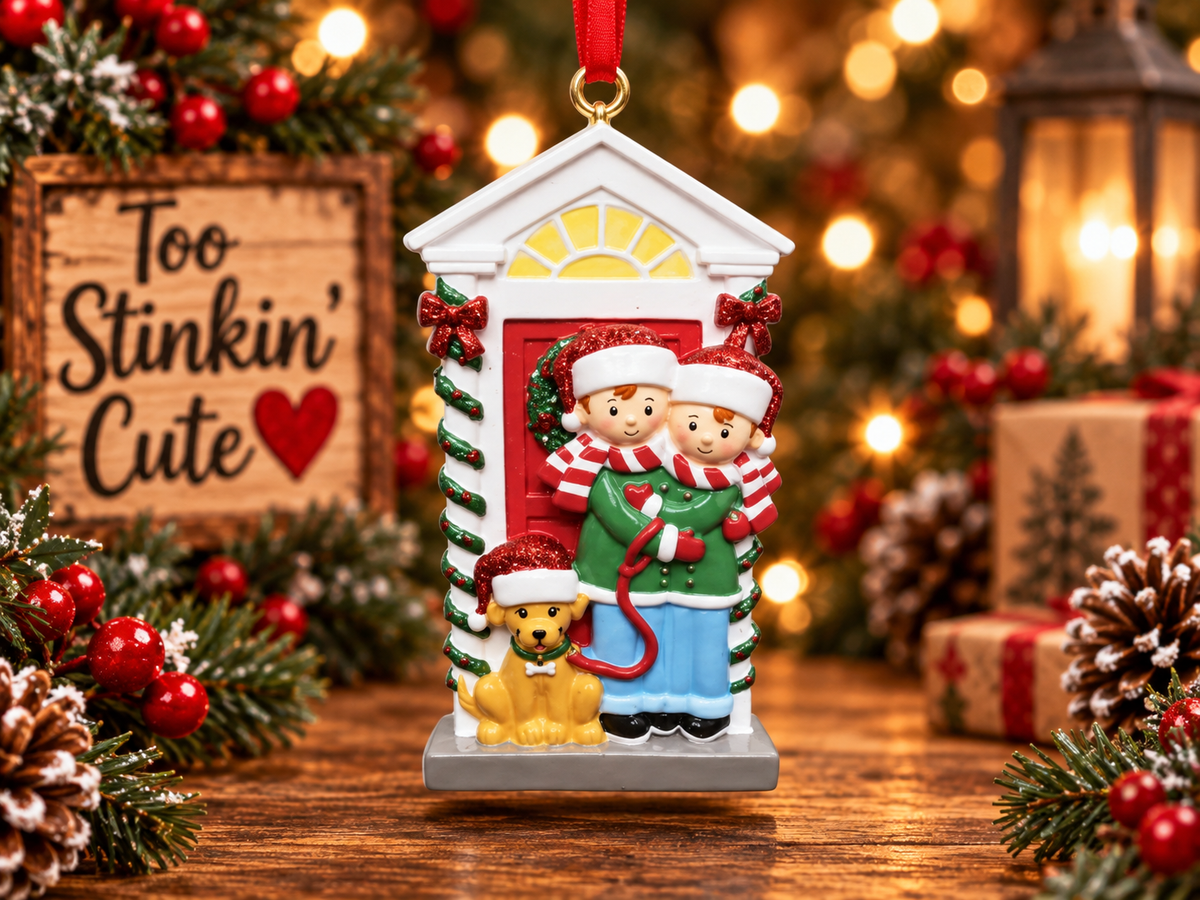 Personalized couple and dog Christmas ornament at a decorated front door