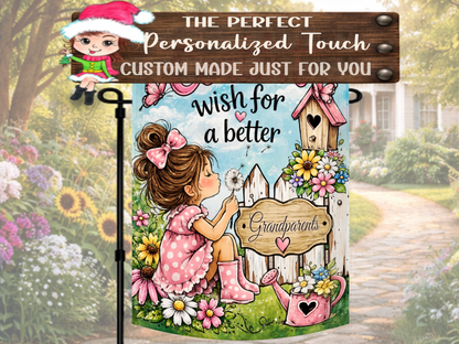Personalized grandparent yard flag with a rustic fence, floral garden scene, and custom title