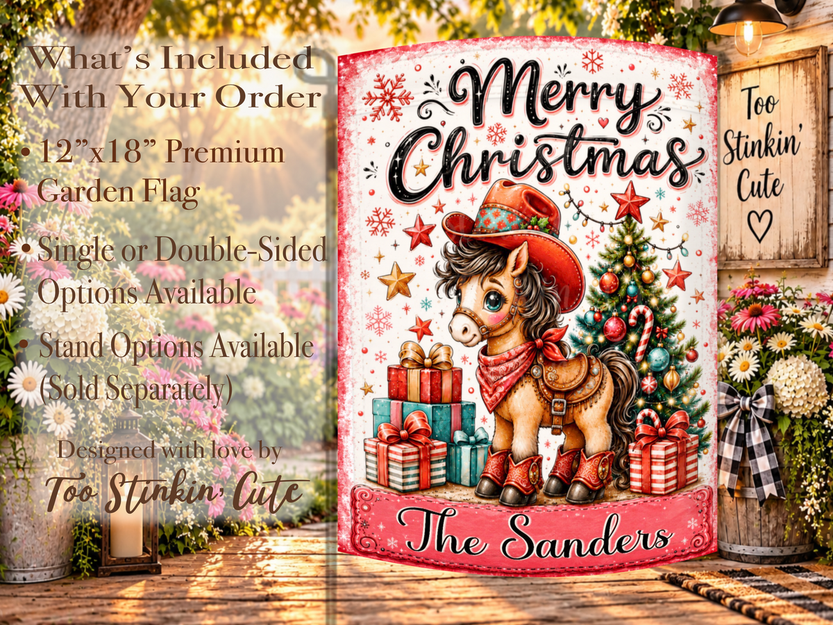 Cute horse holiday garden flag designed for cowgirls, equestrians, ranch families, horse owners, and western Christmas décor lovers.