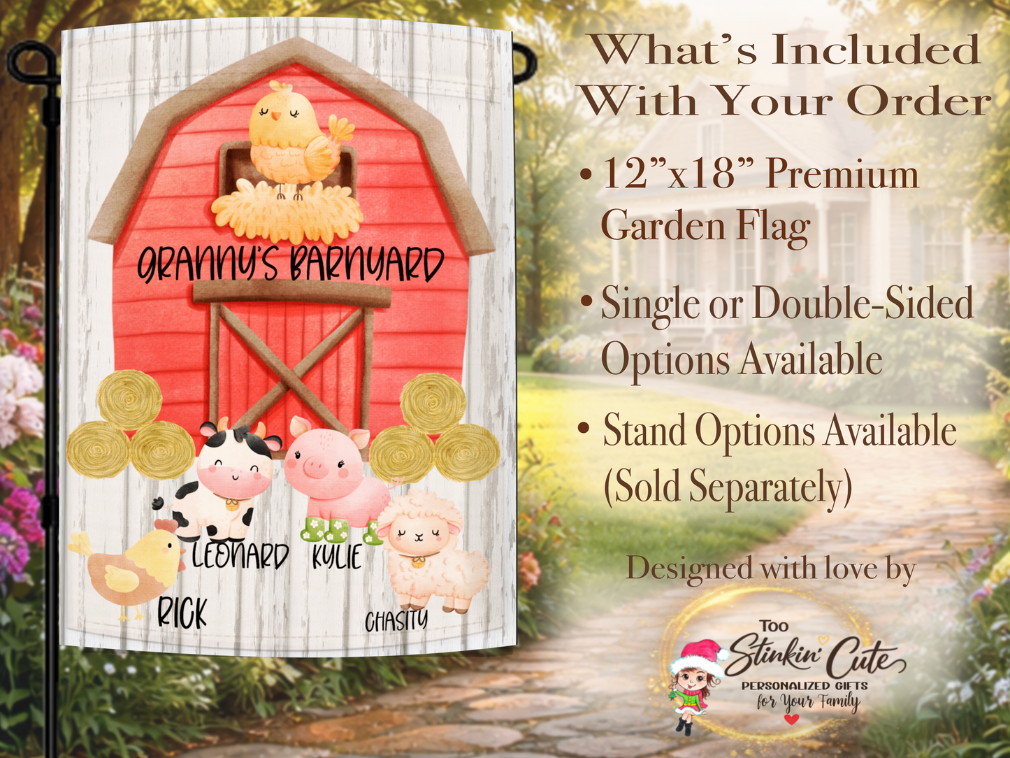 Personalized farm animal yard flag with cow pig sheep and chicken illustrations