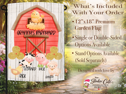 Personalized farm animal yard flag with cow pig sheep and chicken illustrations