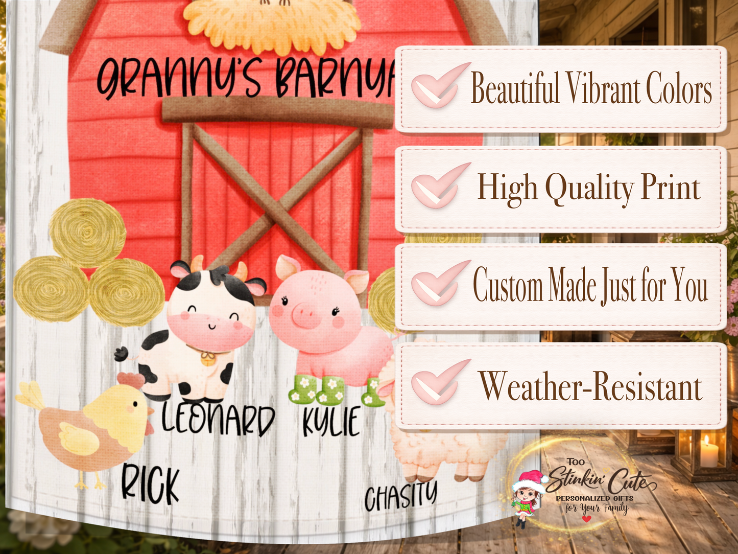 Farmhouse barn garden flag customized with family member names