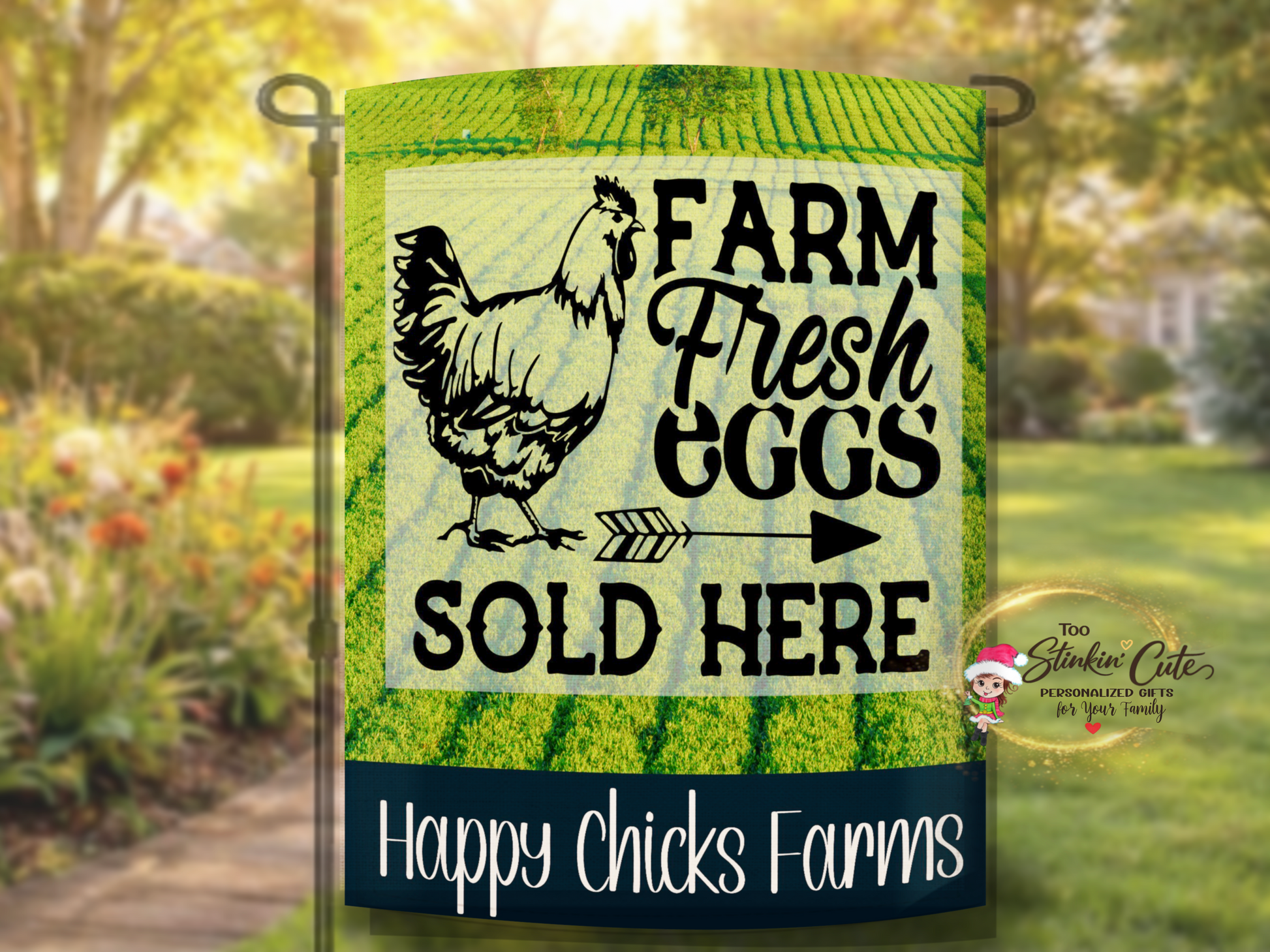 Outdoor farm stand garden flag advertising fresh eggs for sale