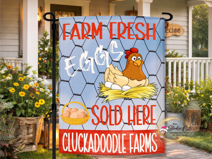Farm fresh eggs sold here garden flag with chicken wire background