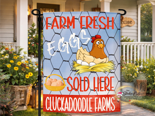 Farm fresh eggs sold here garden flag with chicken wire background