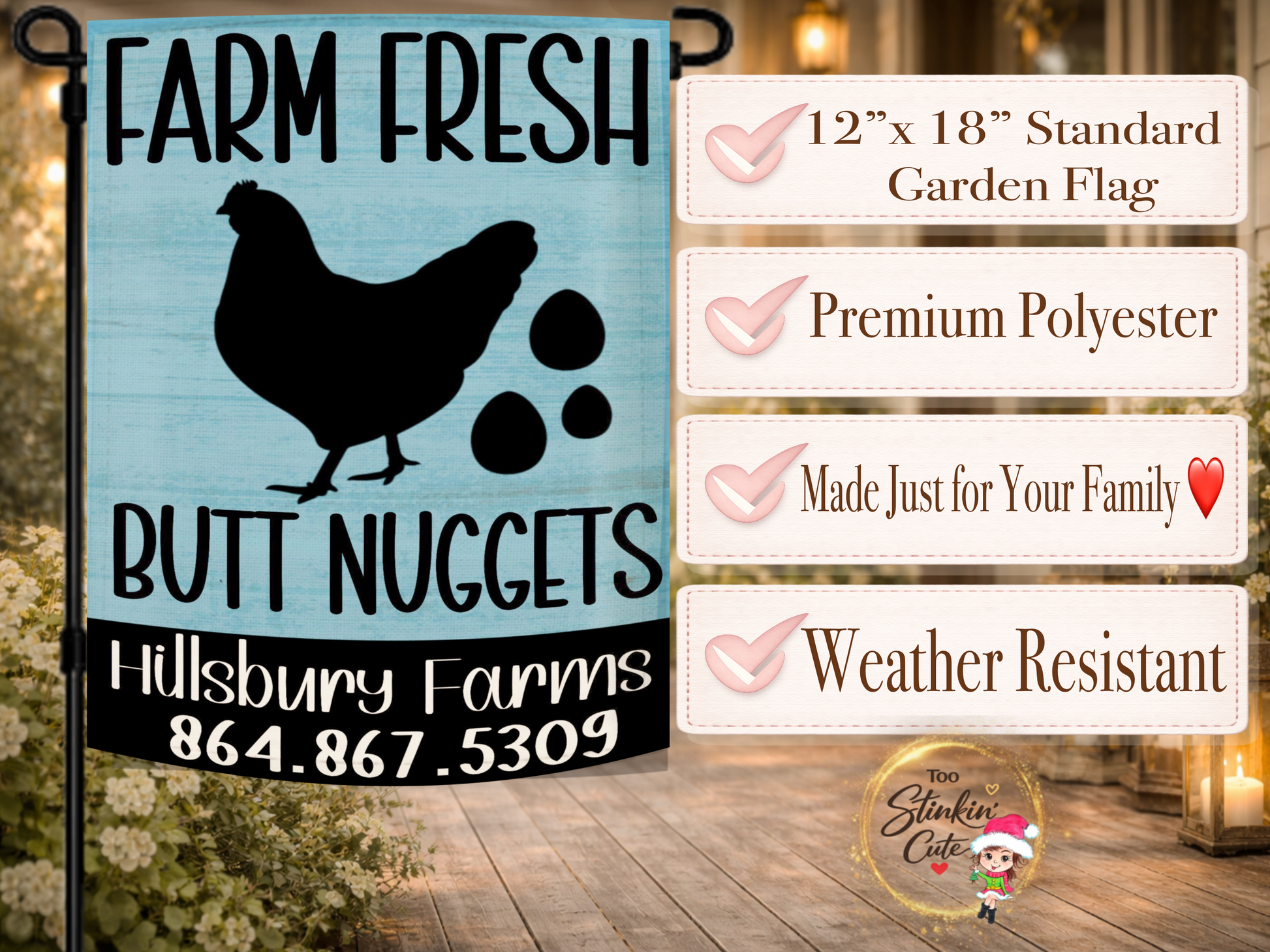 Farm fresh eggs outdoor flag featuring black chicken silhouette artwork