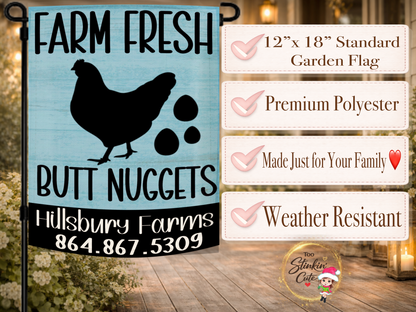 Farm fresh eggs outdoor flag featuring black chicken silhouette artwork