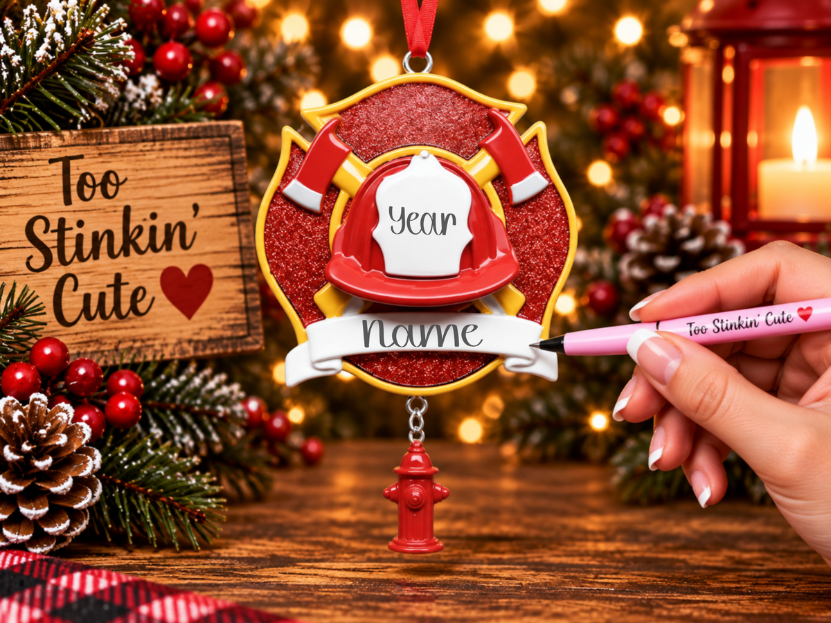 Custom fireman ornament featuring crossed axes and a dangling fire hydrant