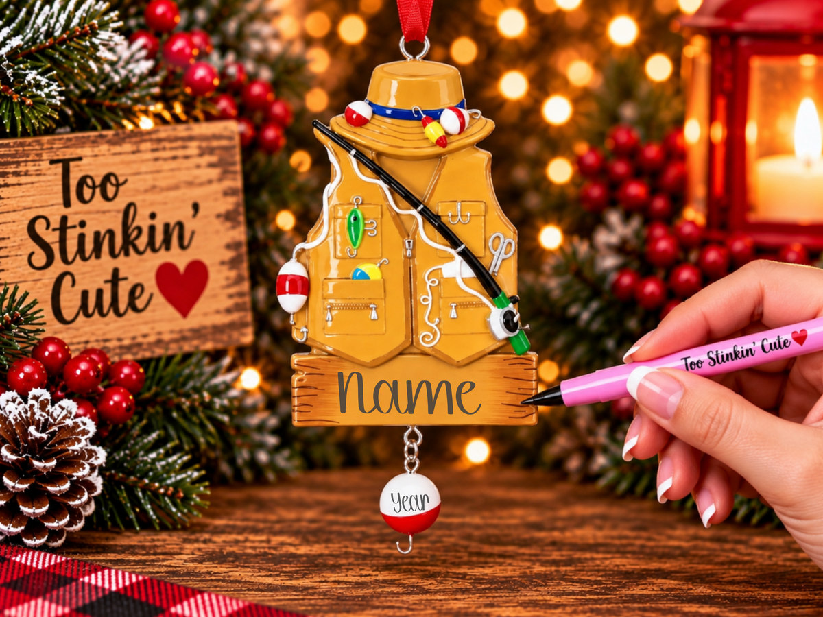 Custom fisherman ornament featuring colorful lures, hooks, and bobbers