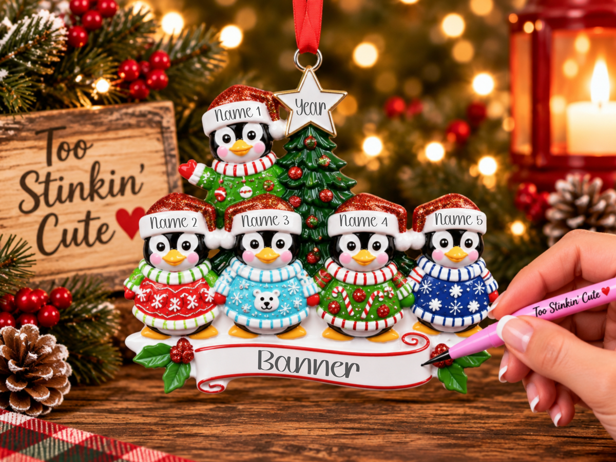 Custom family of 5 ornament with five penguins wearing colorful Christmas sweaters.