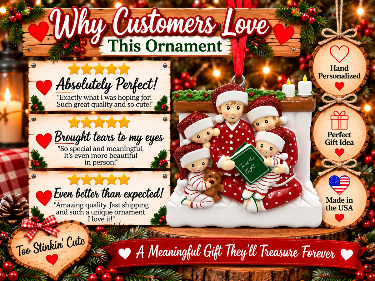 Family storytime ornament with a blank green book cover and white base for personalization.