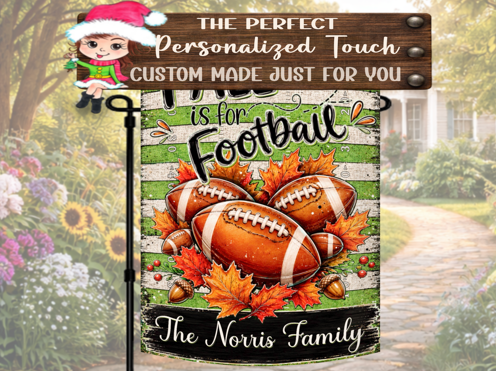 Boutique-style football garden flag featuring colorful fall leaves and berries