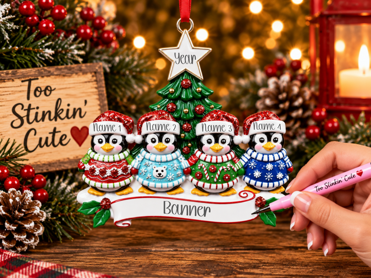 Custom family of 4 ornament with four penguins wearing colorful Christmas sweaters.