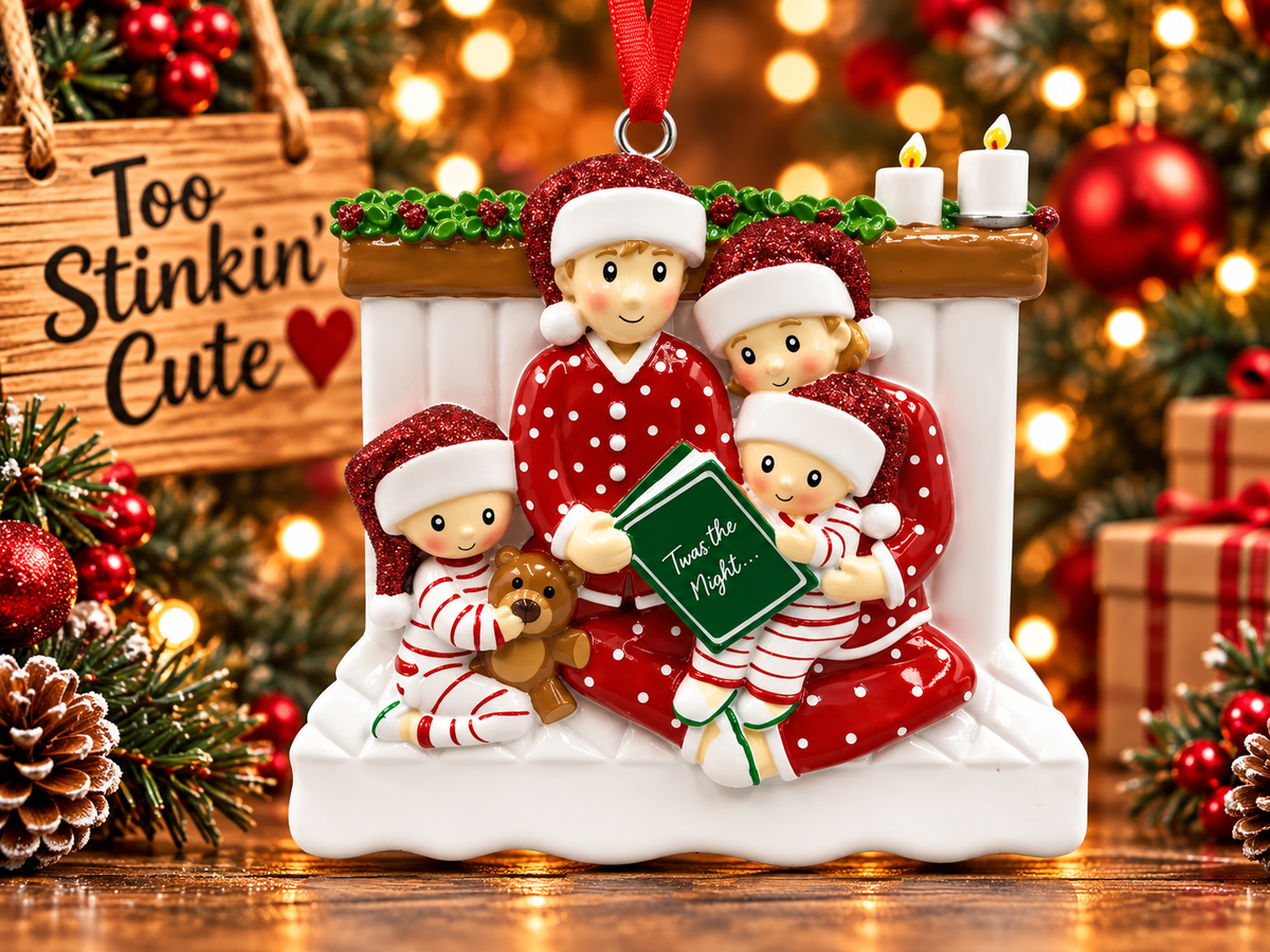 Family of four gathered around a green book labeled “Twas the Night…” beneath a decorated mantel.