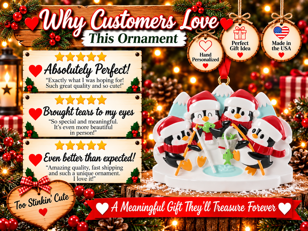 Four penguins with orange beaks and feet, red scarves, and white hat cuffs.