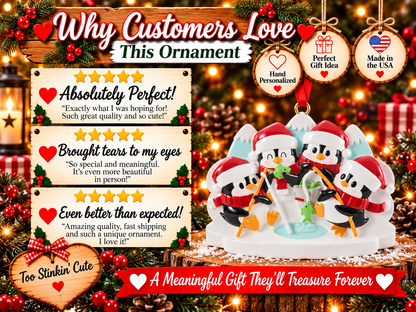 Four penguins with orange beaks and feet, red scarves, and white hat cuffs.
