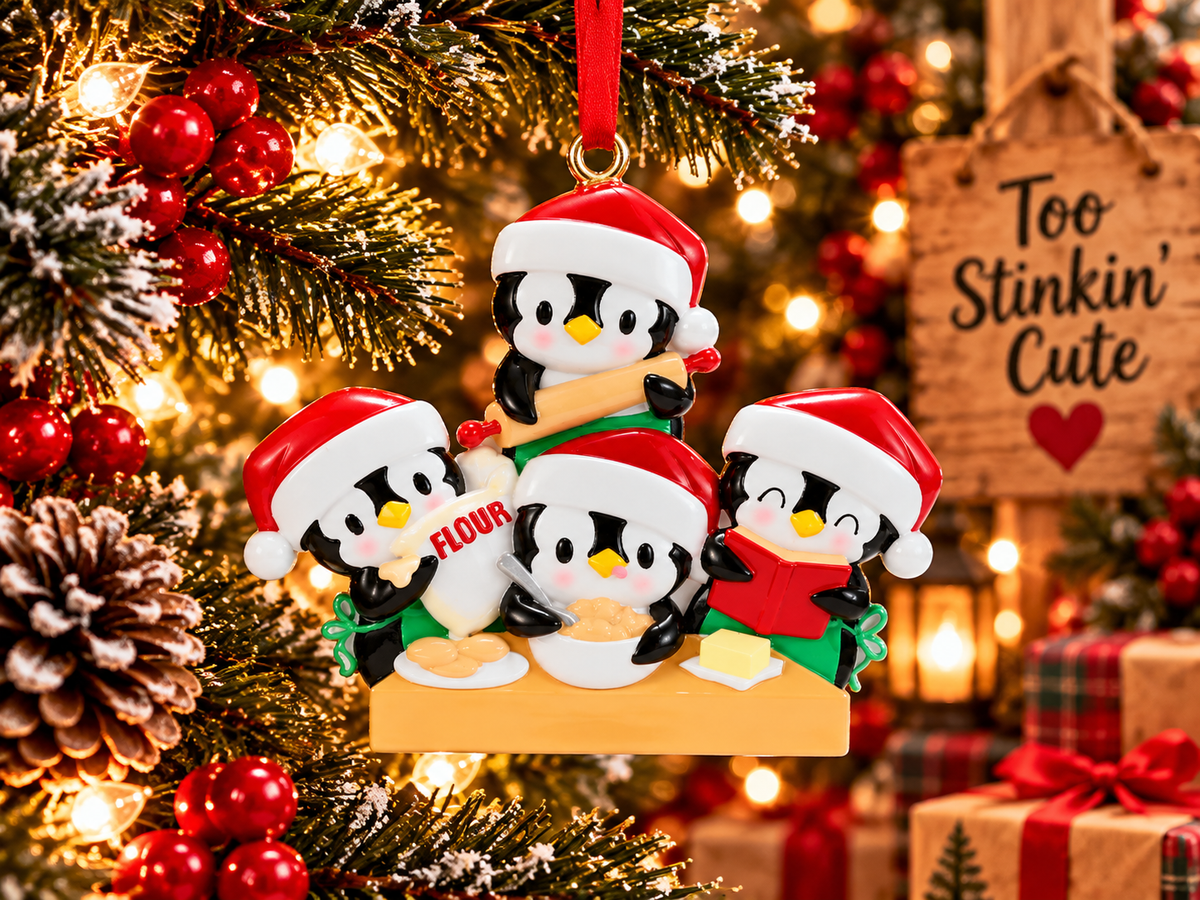 Family of four penguin baking ornament with cookies and butter on a golden orange counter.