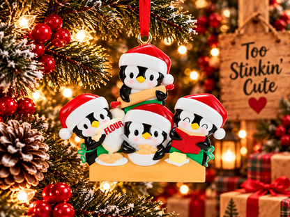 Family of four penguin baking ornament with cookies and butter on a golden orange counter.